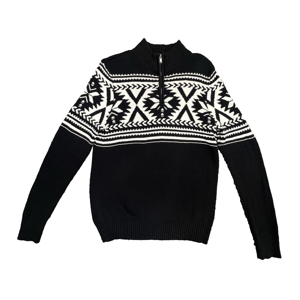 URBAN PIPELINE 1/4 ZIP SWEATER MEDIUM BLACK & WHITE GEOMETRIC  PRINT MOCK NECK